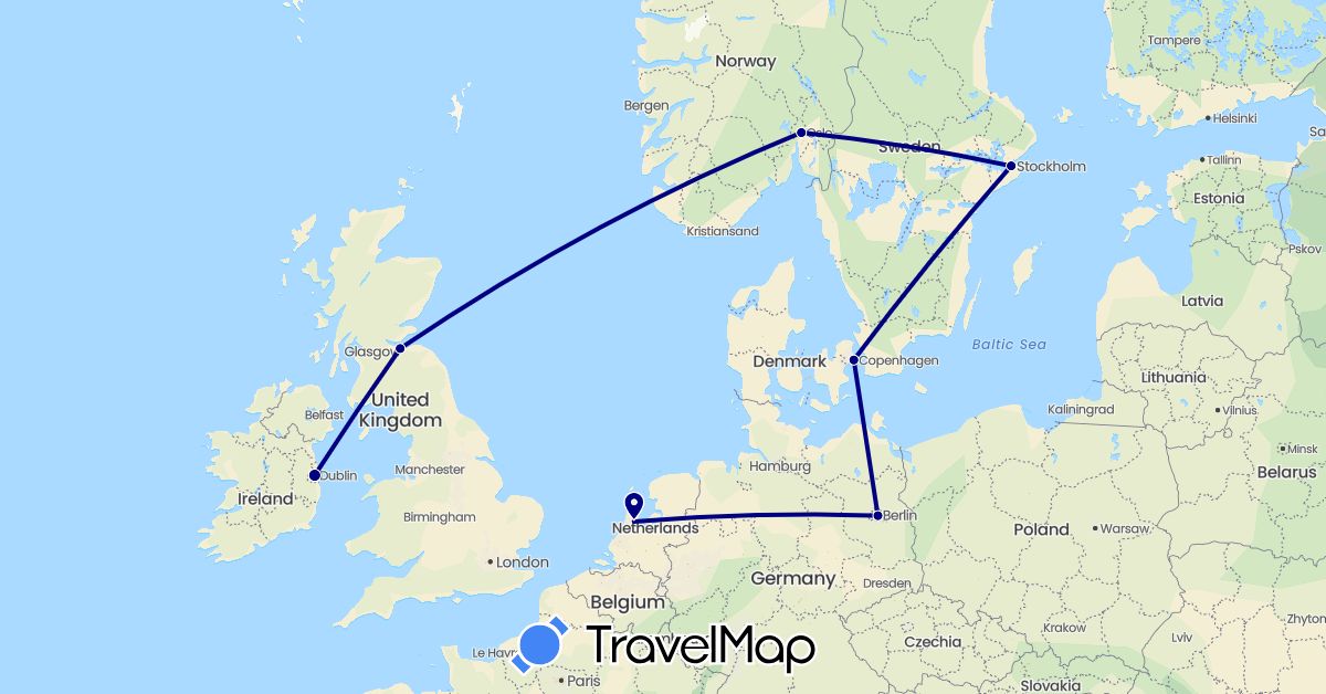 TravelMap itinerary: driving in Germany, Denmark, United Kingdom, Ireland, Netherlands, Norway, Sweden (Europe)