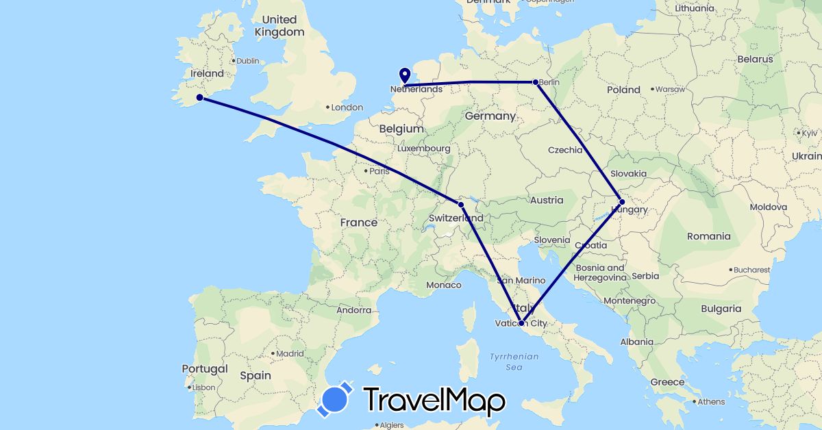 TravelMap itinerary: driving in Switzerland, Germany, Hungary, Ireland, Italy, Netherlands (Europe)